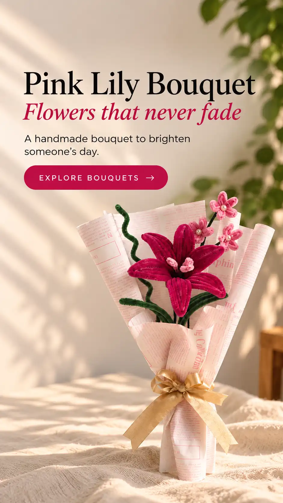 Pink Lily Bouquet, flowers that never fade: a handmade pipe cleaner bouquet. Explore bouquets.