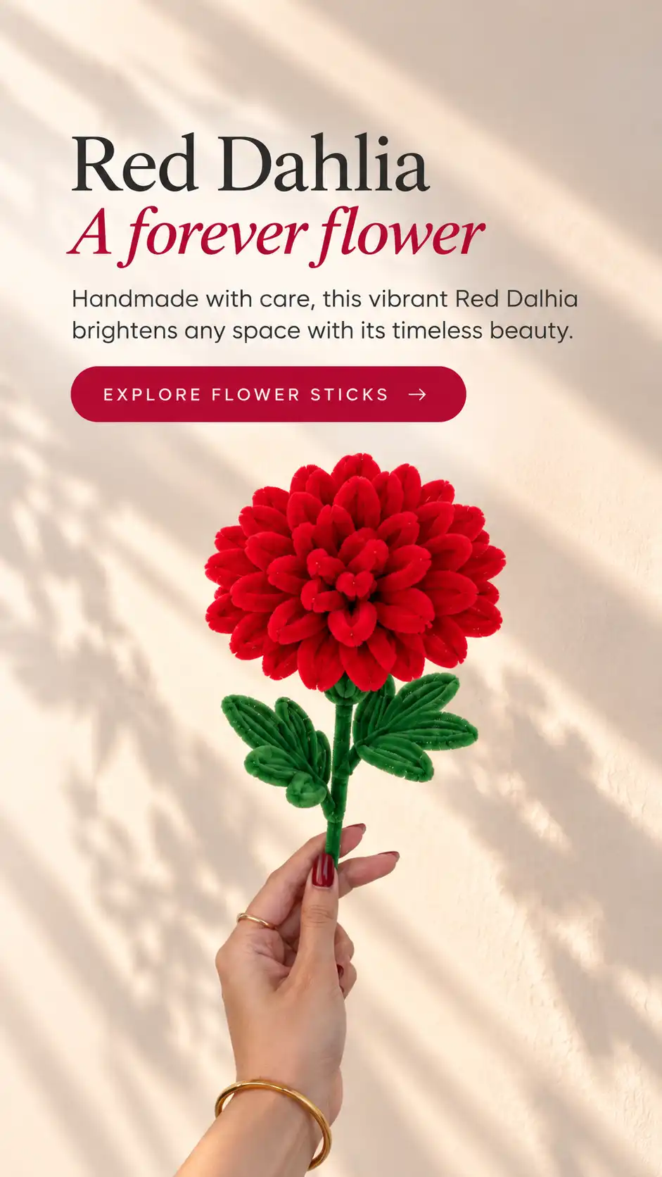 Red Dahlia, a forever flower: a handmade pipe cleaner flower stick. Explore flower sticks.